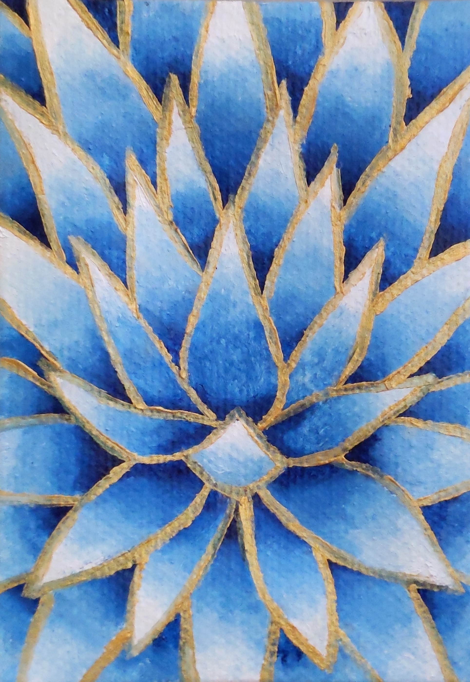 A tiny oil panting of an agave, blue with gold outlines.