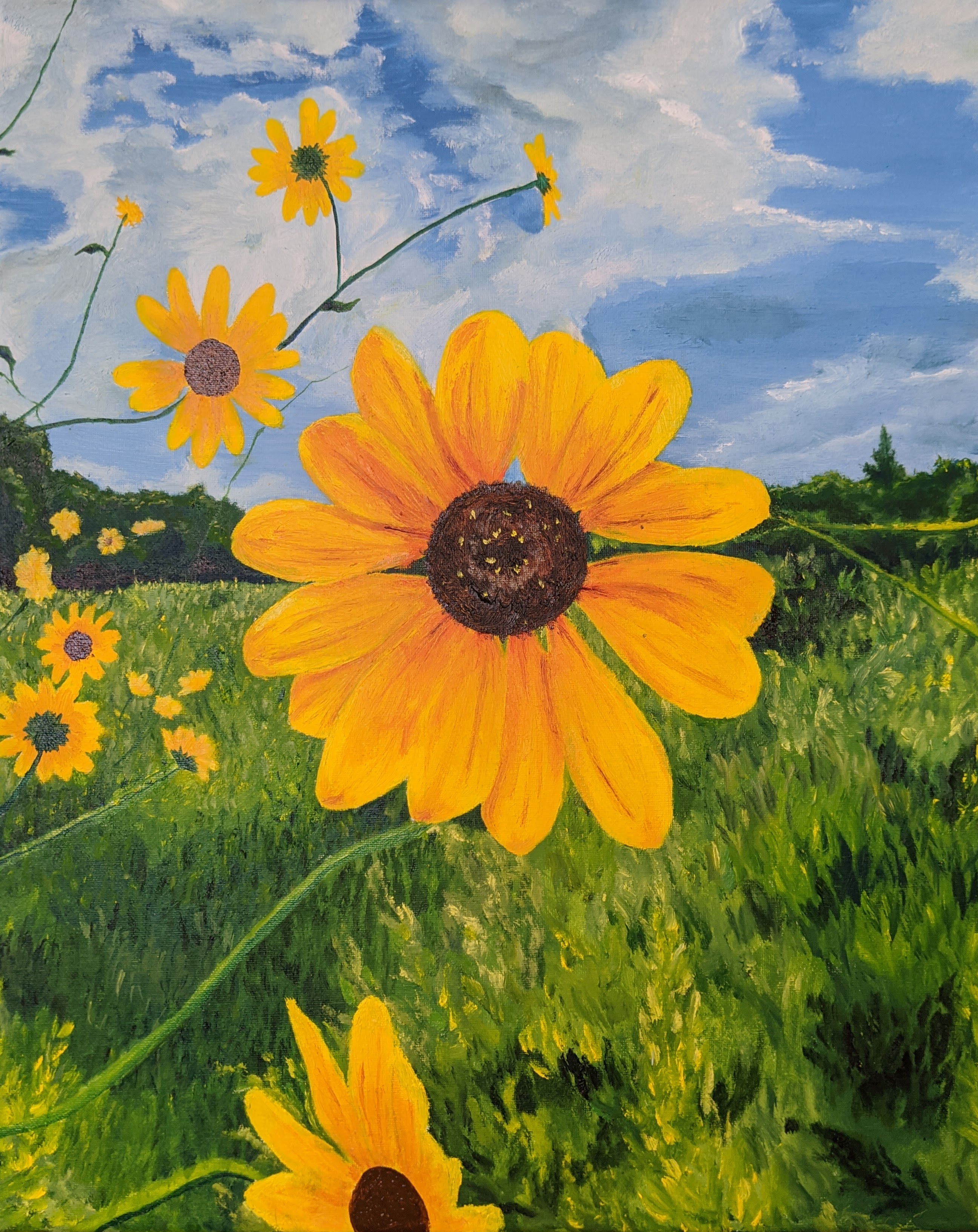 Oil painting of a bright aster of some unknown species against a grassy backdrop.