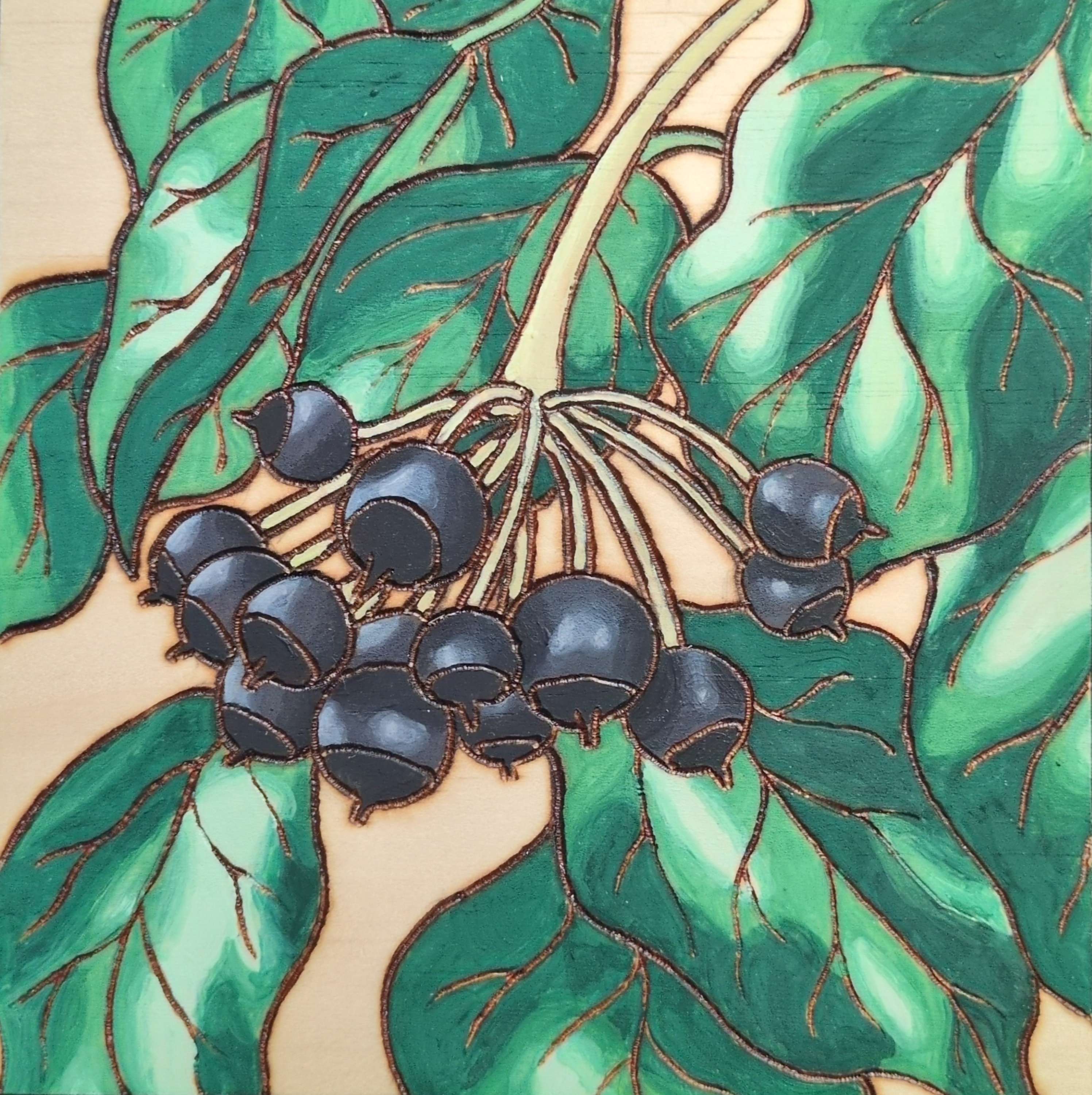 Pyrography and watercolor of Red, organge, and yellow berries on a branch