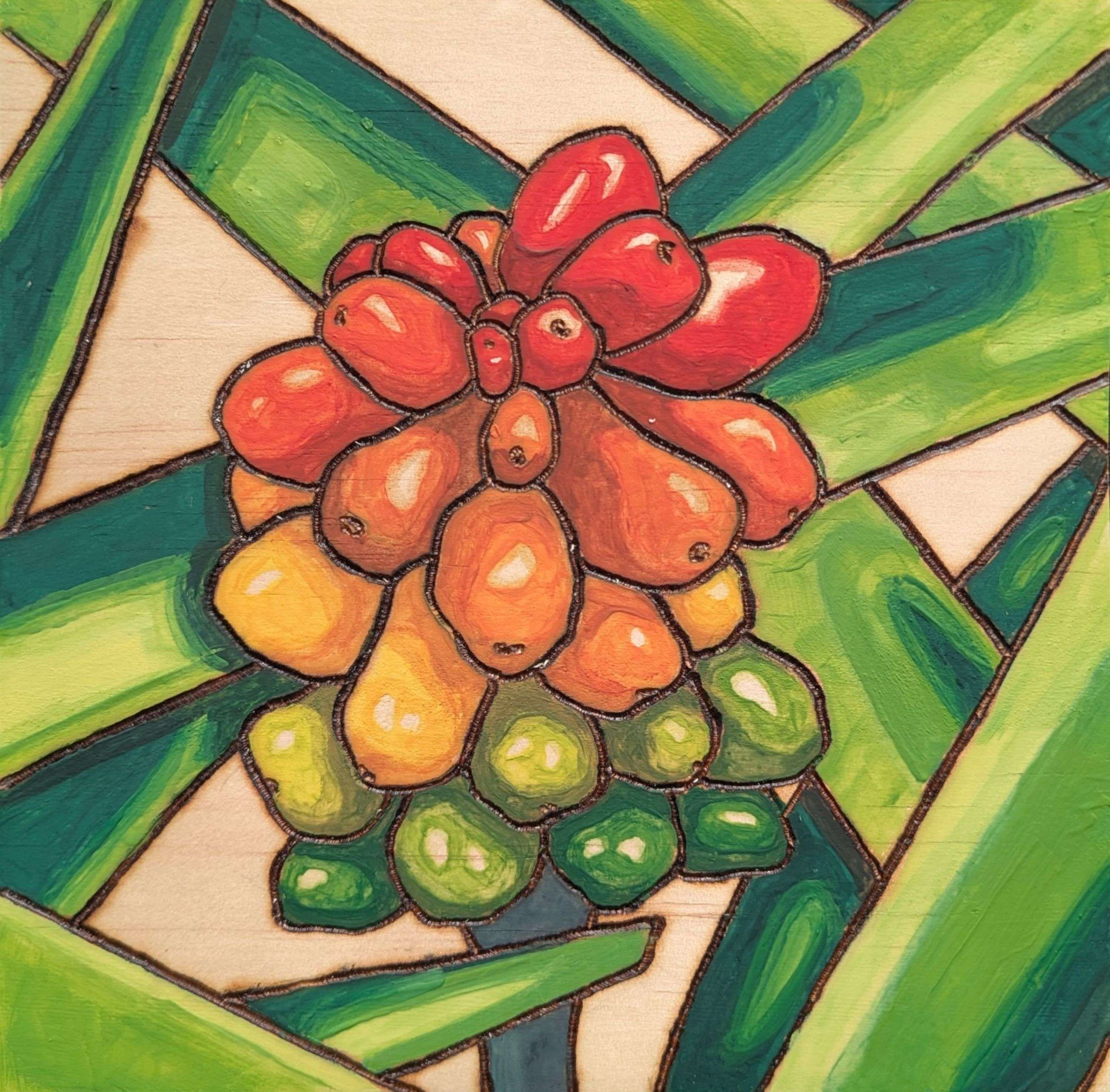 Pyrography and watercolor of Red, organge, and yellow berries on a branch
