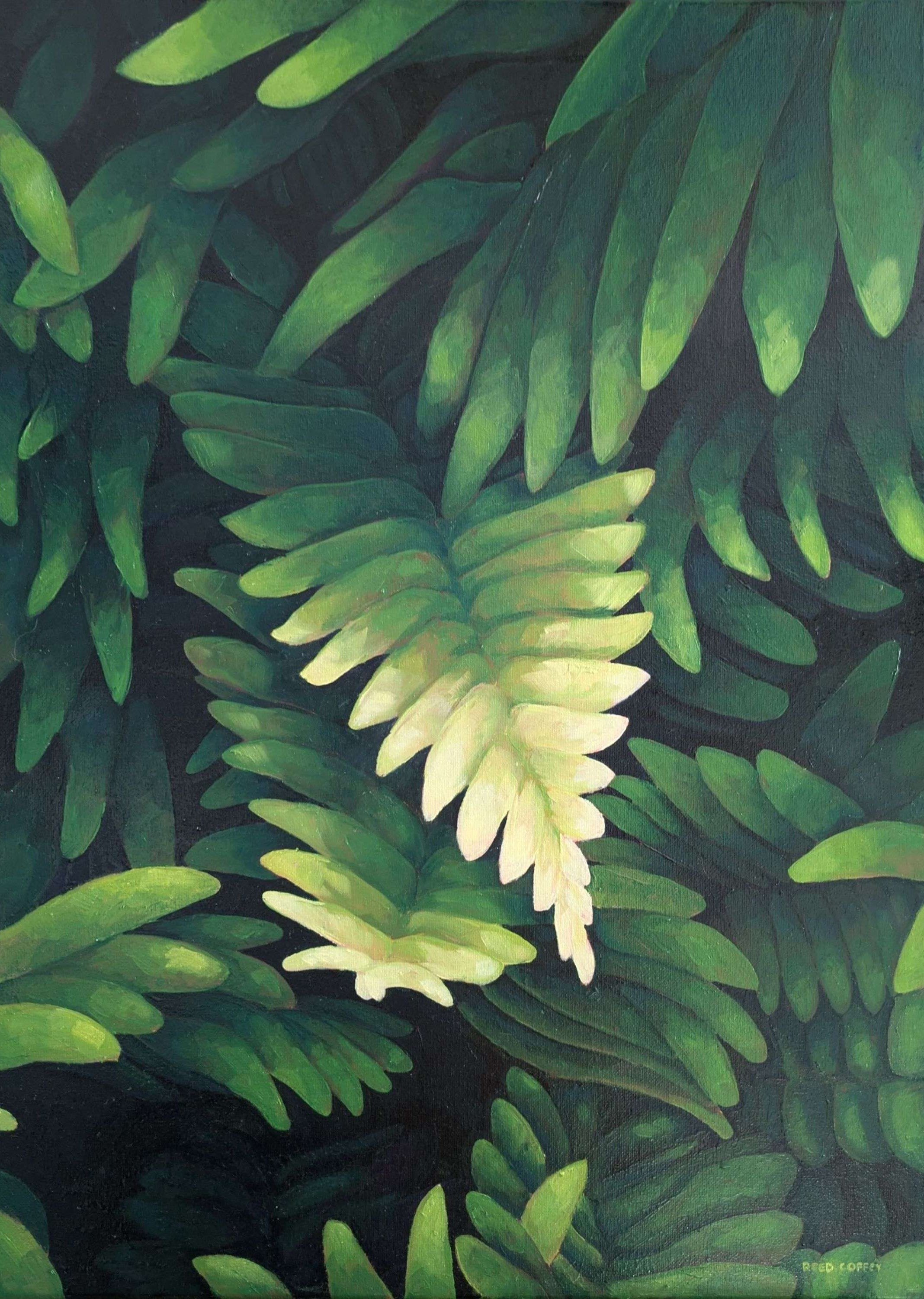 Oil painting of a close shot of some fern fronds.