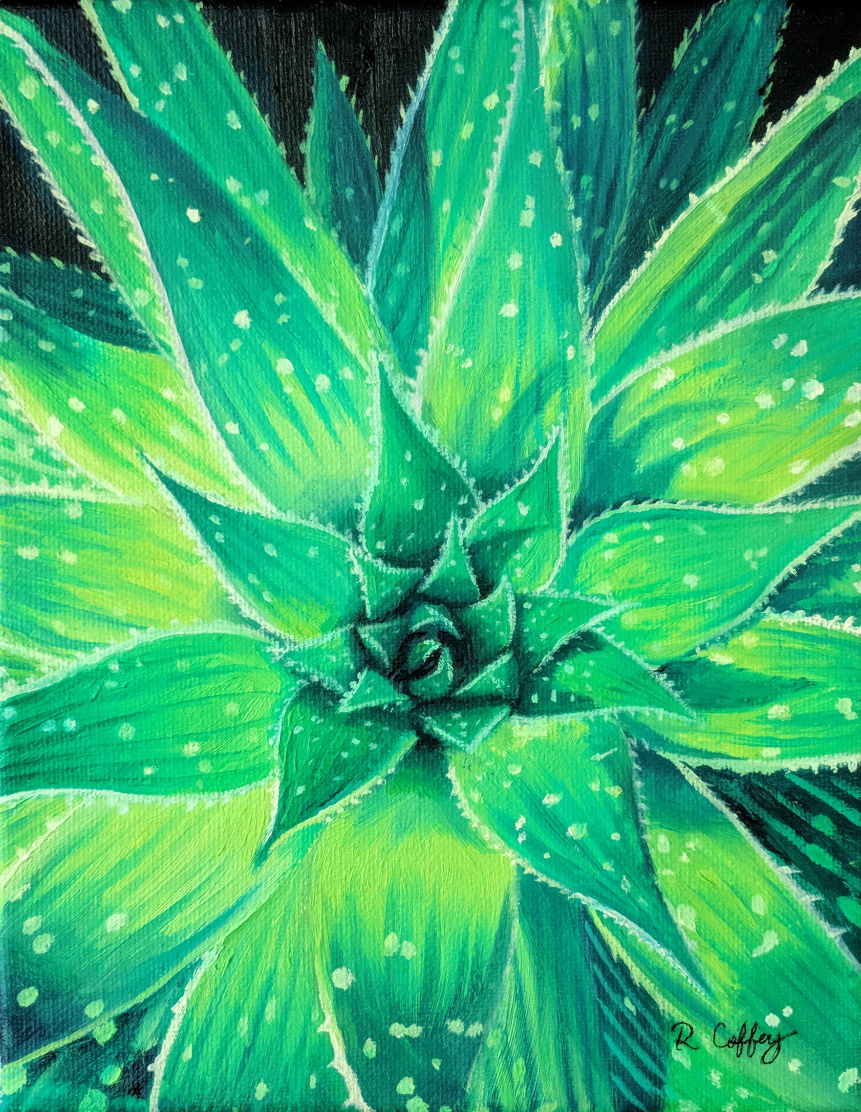 Oil painting of an aloe in the style of the rest of the agaves in the series.