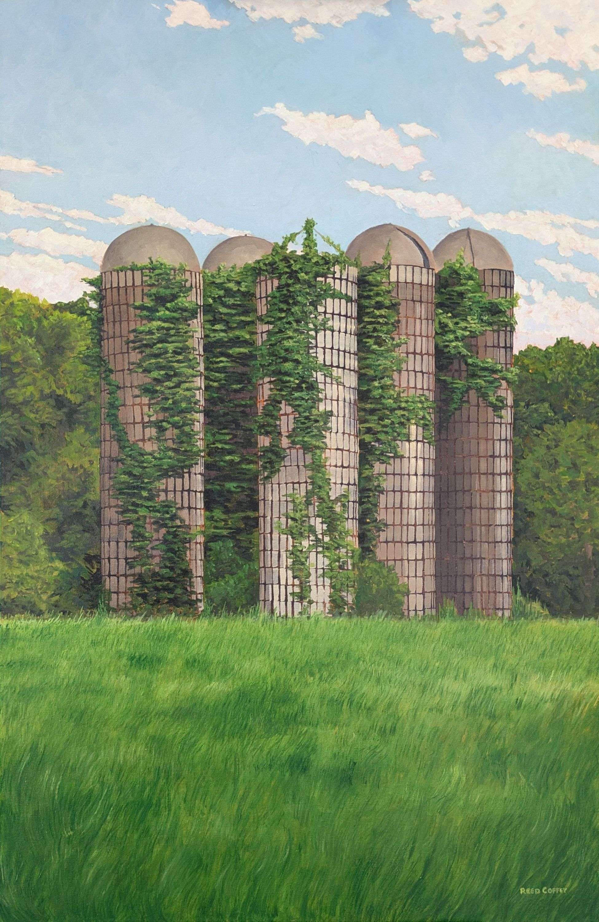 Oil painting of large, old silos becoming overgrown with vines.