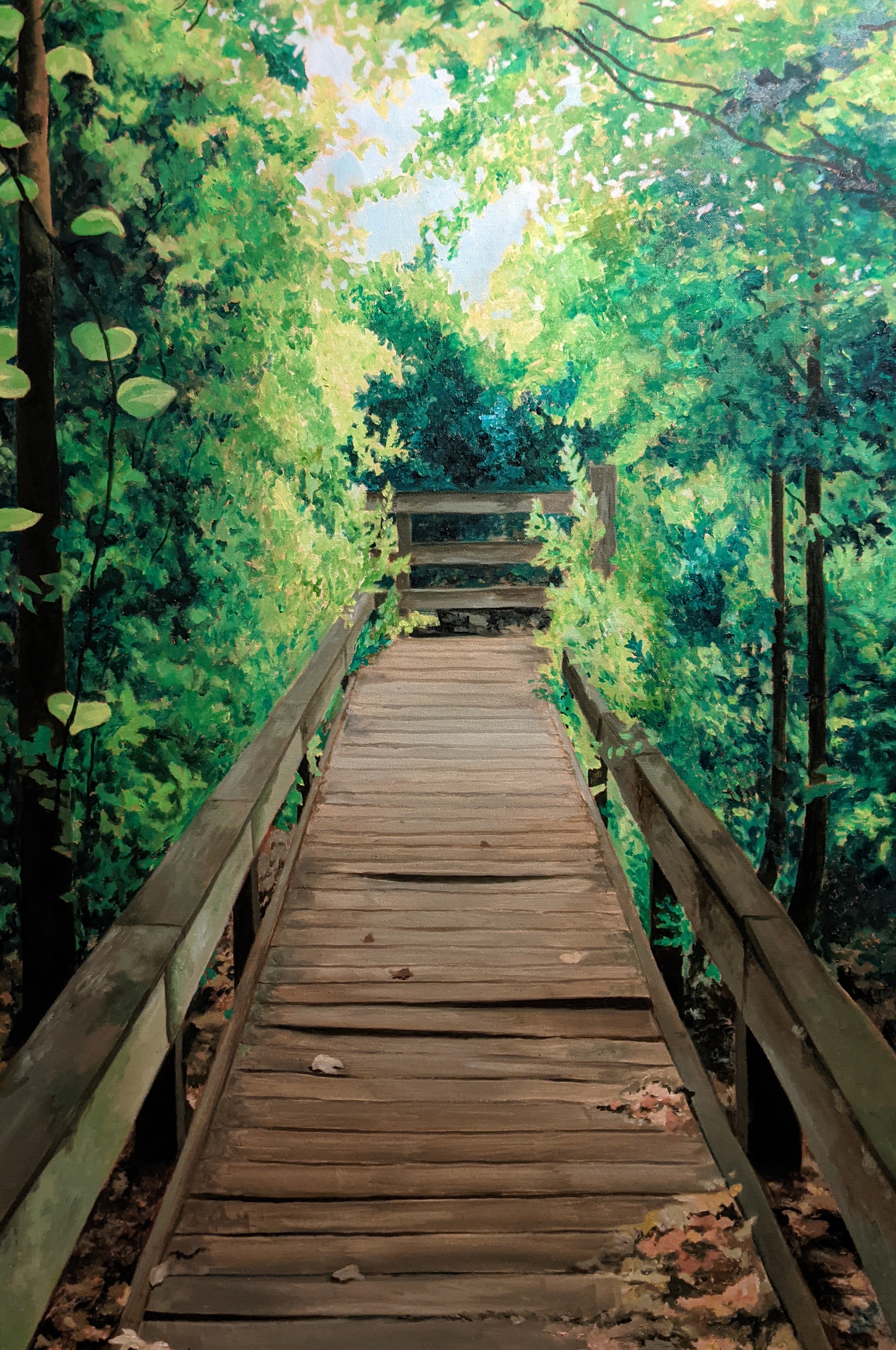 Oil painting of a boardwalk trail through a forest.