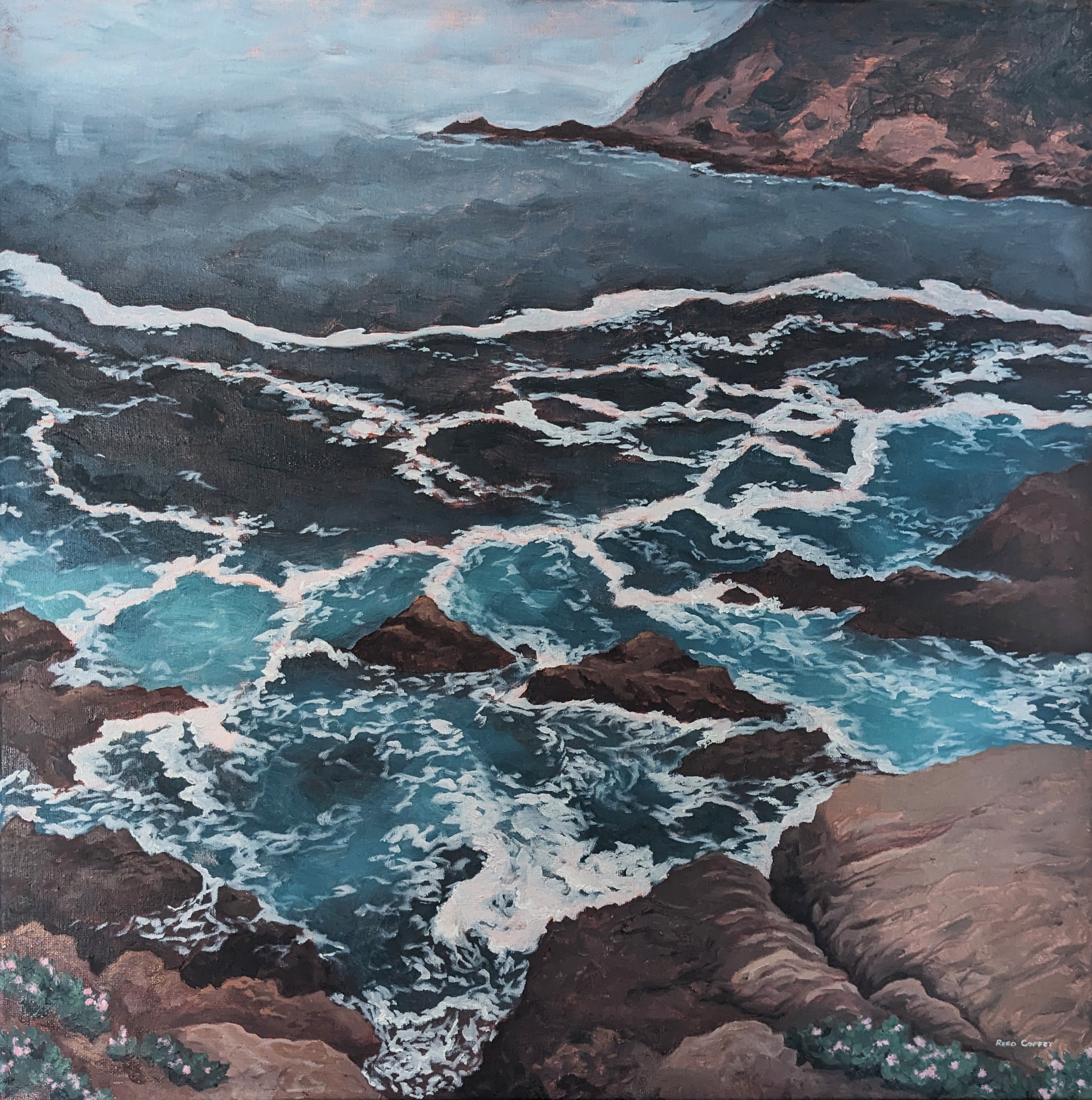 Oil painting of a rocky shore on a foggy day on the California coast.