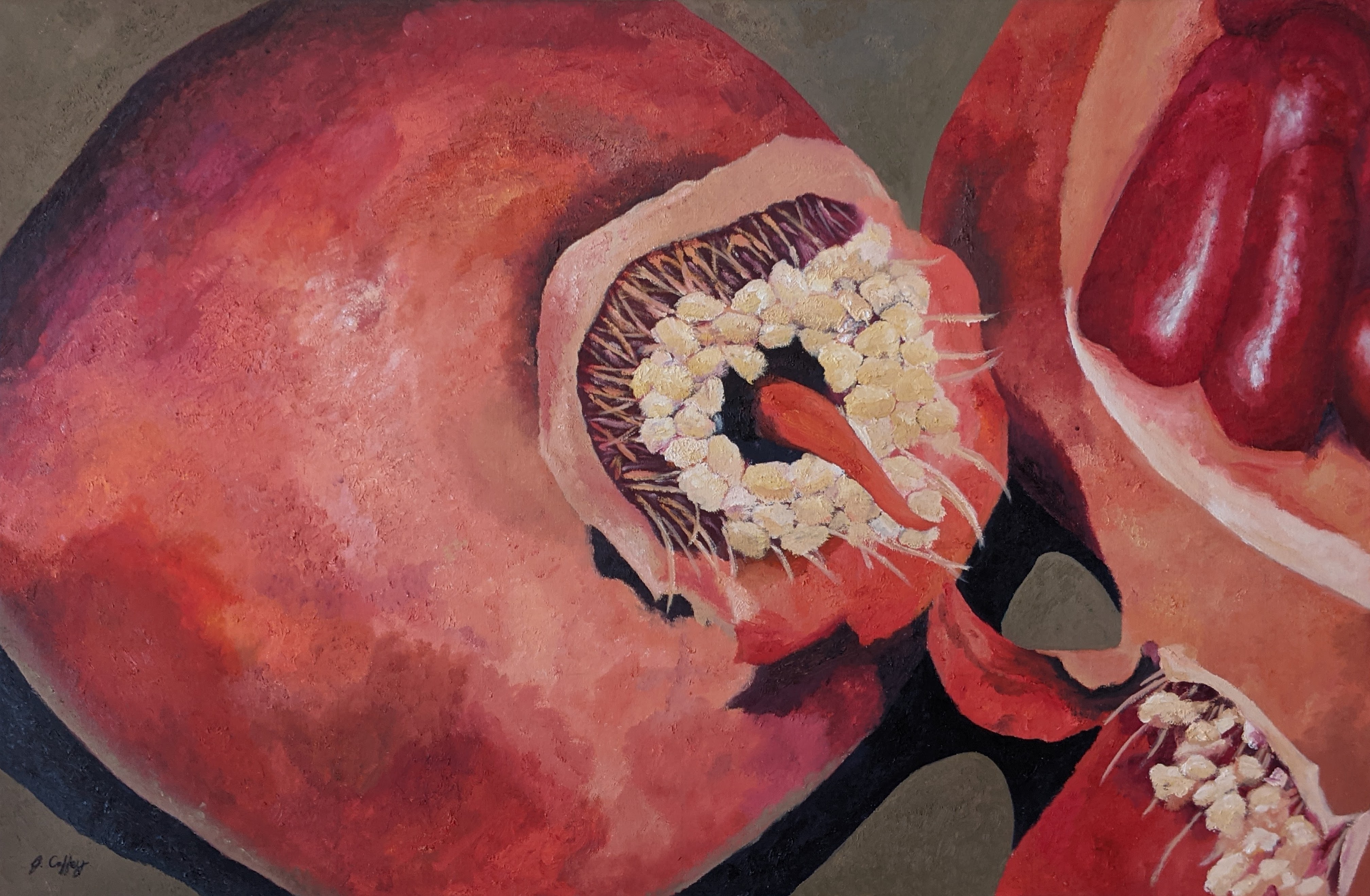 An oil painting of two pomegranates, one whole, one cut to reveal the seeds inside. My painting that's received the most devisive response by far.