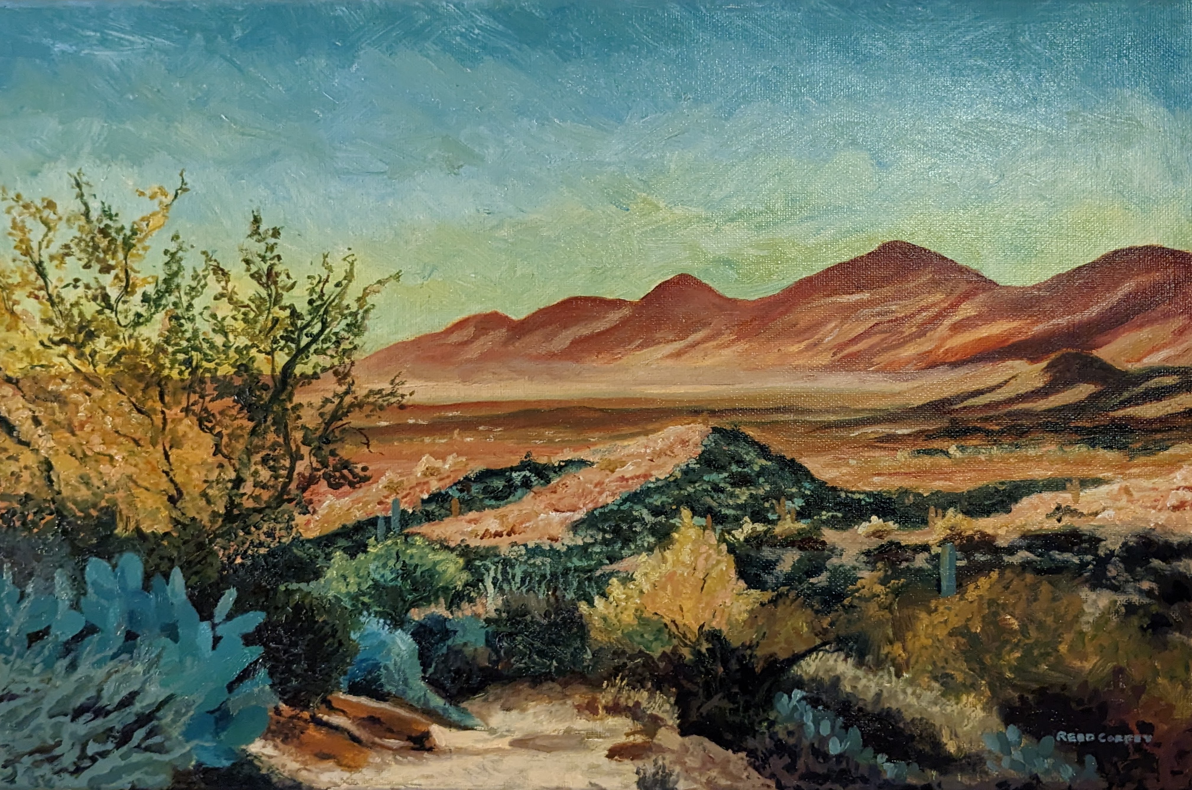 Oil painting of a sunset hike near Tucson.